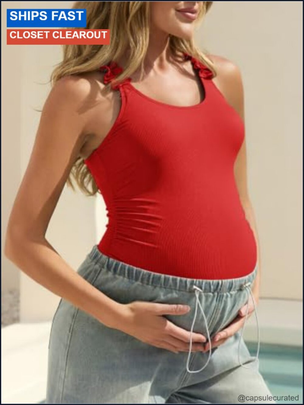 Maternity One Piece Swimsuit Ribbed Ruffle Adjustable Straps - Picture 4 of 6